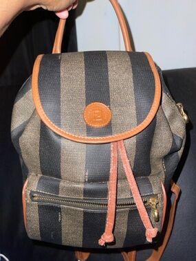 Fendi Vintage Pecan Striped Pequin Coated Canvas Small Backpack
